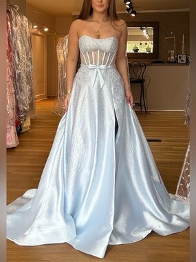 Sherri Hill- Strapless Light Blue Sparkle Ball Gown